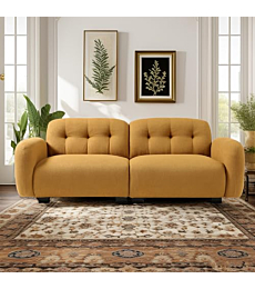 PUG258Y Loveseat Modern Sofa Couch: Mid-Century Sofa with Extra Deep Seats,81 Inch 2 Seater Sofa Couch for Living Room Apartment Lounge and Office, Dual Pillows, Teddy - Large Cognac