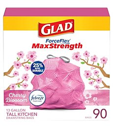 Glad ForceFlex MaxStrength Tall Kitchen Trash Bags, 13 Gal, Cherry Blossom, 90 Ct, Pack May Vary