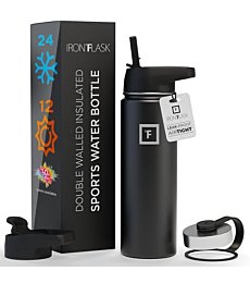 IRON °FLASK Sports Water Bottle - Wide Mouth with 3 Straw Lids - Stainless Steel Gym & Outdoor Bottles for Men, Women & Kids - Double Walled, Insulated Thermos, Metal Canteen - Midnight Black, 40 Oz