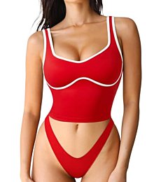 SUUKSESS Women Sweetheart Neckline Longline Sports Bra Padded Basic Workout Crop Tank Top (Red, M)