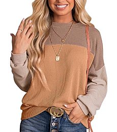 Dokotoo Womens Pullover Shirts Ladies Crewneck Long Sleeve Colorblock Tunics Blouses Spring Summer Casual Loose Jumper Tops Fall Fashion Knitted Tops Resort Wear for Women 2024 Khaki Medium