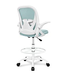 Primy Drafting Chair Tall Office Chair with Flip-up Armrests Executive Ergonomic Computer Standing Desk Chair with Lumbar Support and Adjustable Footrest Ring（Light Blue）