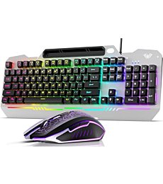 AULA Keyboard, T102 104 Keys Gaming Keyboard and Mouse Combo with RGB Backlit Quiet Computer Keyboard, All-Metal Panel, Waterproof Light Up PC Keyboard, USB Wired Keyboard for MAC Xbox PC Gamers