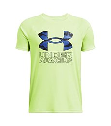 Under Armour Boys Tech Hybrid Print Short Sleeve T Shirt, (304) Morph Green/Morph Green/Tech Blue, Medium