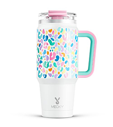 Meoky 32 oz Tumbler with Handle, Insulated Tumbler with Lid and Straw, Stainless Steel Travel Mug, Keeps Cold for 24 Hours, 100% Leak Proof, Fits in Car Cup Holder (Leopard)