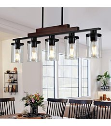 Dining Room Light Fixture/Chandelier Over Table,5-Light Kitchen Island Lighting Hanging for Farmhouse Linear Chandeliers Matte Black Rustic Wood Ceiling Pendant Light Fixtures with Clear Glass Shade