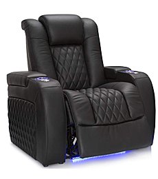 Seatcraft Diamante - Home Theater Seating - Living Room - Power Recline - Top Grain Leather - Powered Headrests - Cupholders - USB Charging - Ambient Lighting - Arm Storage, Single Recliner, Black