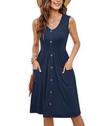 MOLERANI Women Summer Dresses Sleeveless Casual Loose Swing Button Down Midi Dress with Pockets(Navy Blue,M)