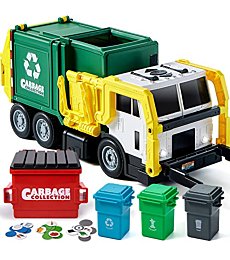 JOYIN Large Friction Powered Garbage Truck Toy Set, Includes Dumpster, Trash Bins, and Learning Cards for Kids