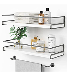 Forbena White Floating Shelves for Bathroom Organizer Over Toilet, Bathroom Shelves Wall Mounted with Towel Rack, Corner Wall Shelf for Bedroom Decor Kitchen Storage (White-Dark Grey, Set of 2)