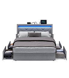 VASAGLE LED Bed Frame Full Size with Headboard and 4 Drawers, 1 USB Port and 1 Type C Port, Adjustable Upholstered Headboard, No Box Spring Needed, Light Grey URMB822G01