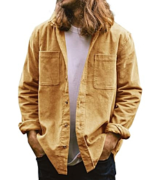 Gafeng Men's Casual Button Down Shirts Corduroy Long Sleeve Regular Fit Shacket Jacket with Flap Pocket Yellow