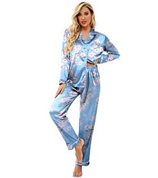 Ekouaer Women's Classic Button Down Long Satin Silk Pajama Set,Large,Blue Floral