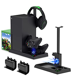 MENEEA Cooling Fan & Charging Stand for Xbox Series X Console and Controller,Vertical Cooler System Dual Charger Station Dock Accessories Kit with 2 x 1400mAh Rechargeable Battery and Cover Storage