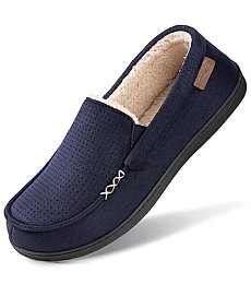 Men's Comfy Suede Memory Foam Moccasin Slippers Warm Sherpa Lining House Shoes with Durable Rubber Sole Navy,11 US