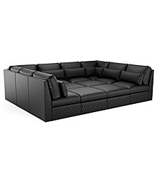 Seatcraft Diamante 12-Piece U-Sectional Pit, Grade 7000 Leather, Living Room, Down Feather Lining, Strong Engineered Reinforced Wood Frame, Black