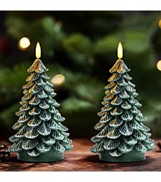 Homemory Christmas Tree Candles with 6 Hours Timer, 2 Pcs Waxy LED Flameless Candles Flickering, Green Electric Candles Battery Operated for New Year Celebration Holiday Decorations 8.5 Inches