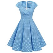 Bbonlinedress Vintage Dress for Women Polka Dot 1950s Wedding Party Summer Retro Cocktail Swing Dresses Blue Small White Dot XL