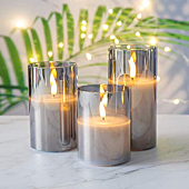 Eywamage Glass Flameless Candles Bundle, 3 Pack Gray LED Candles Green Battery Candles with Remotes