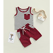 Toddler Baby Boys Clothes Summer Outfit Striped Print Sleeveless Vest Tops Drawstring Shorts Set (Brick Red , 3-6 Months )