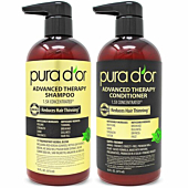 PURA D'OR Shampoo and Conditioner bottles side-by-side on a shelf, with healthy, thick hair in the background.