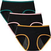 INNERSY Period Underwear for Teen Girls Cotton Leakproof Menstrual Panties 3 Pack(10-12 Years, 3 Black with Contrasting Hem)