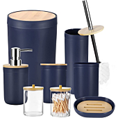 iMucci 8Pcs Navy Blue Bathroom Accessories Set - with Trash Can Toothbrush Holder Soap Dispenser Soap and Lotion Set Tumbler Cup…