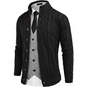 COOFANDY Men's Cardigan Sweater Slim Fit Stand Collar Cardigan Casual Cable Knitted Button Down Sweater with Pockets Black