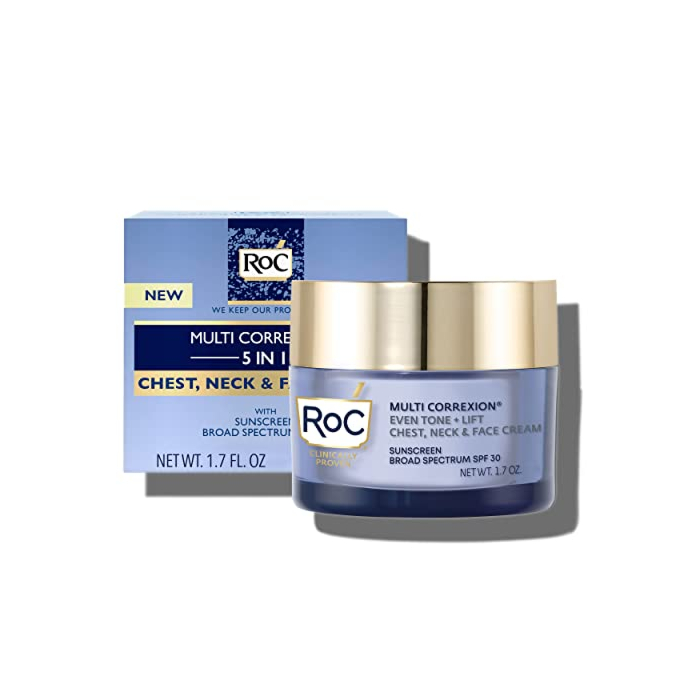 RoC Multi Correxion 5 in 1 Chest, Neck, and Face Moisturizer Cream with SPF 30, for Neck Firming and Wrinkles, Vitamin E & Shea Butter, Oil Free Skin Care, 1.7 Oz