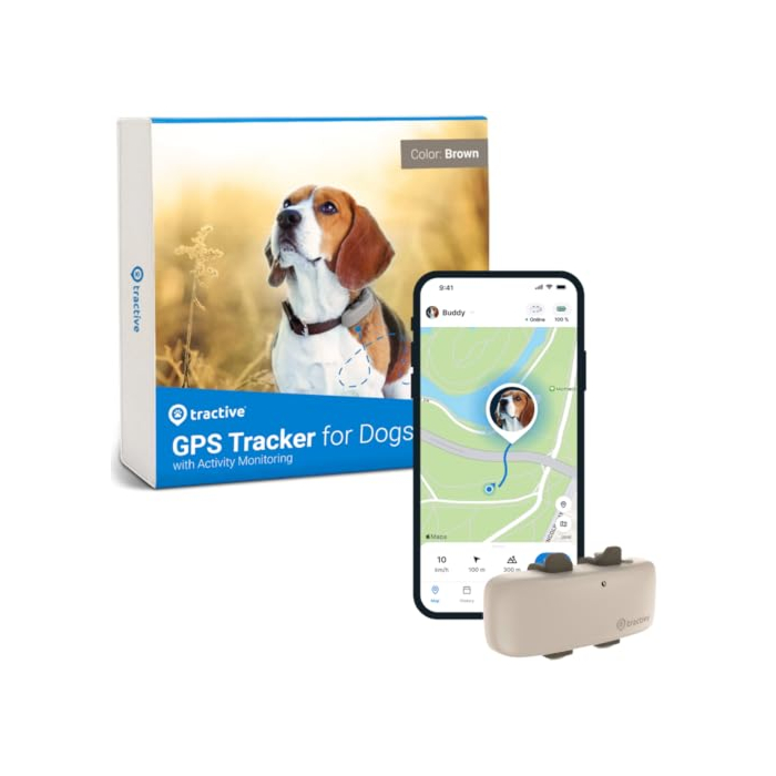 Tractive GPS Tracker & Health Monitoring for Dogs - Market Leading Pet GPS Location Tracker, Wellness & Escape Alerts, Waterproof, Works with Any Collar (Brown)