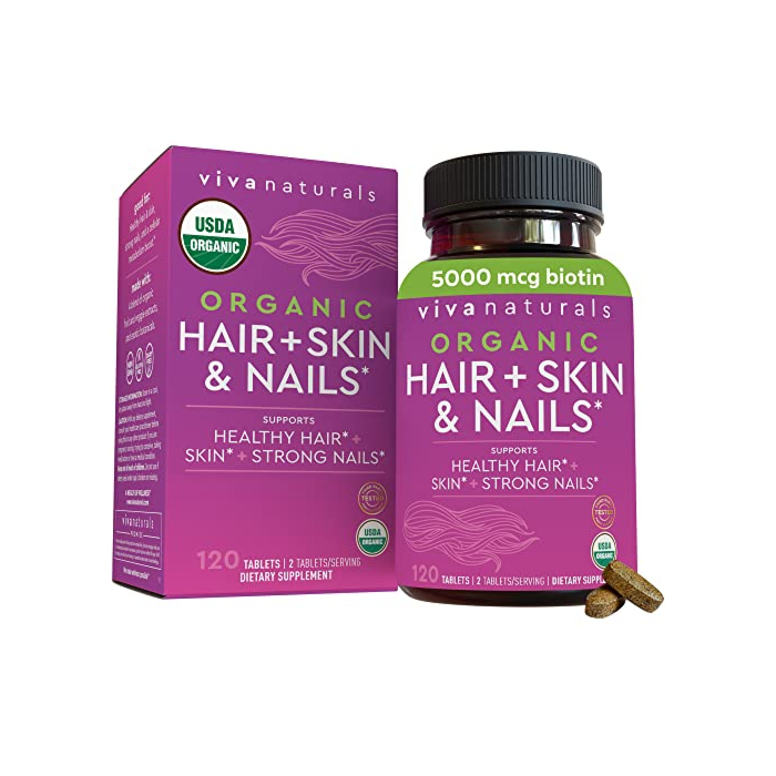 Organic Hair Skin and Nails Vitamins for Women– Biotin 5000 mcg Supplement to Support Normal Hair Growth and Glowing Skin, USDA Organic Supports Strong and Healthy Nail Growth, 120 Tablets