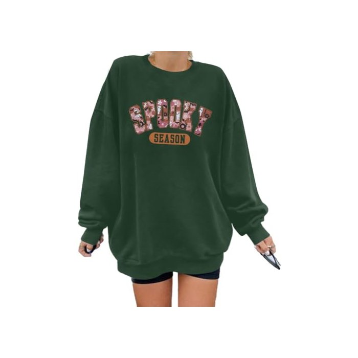 Oversized Halloween Sweatshirt Women Vintage Spooky Season Pullover Top Spooky Vibes Letter Print Long Sleeve Shirt Green