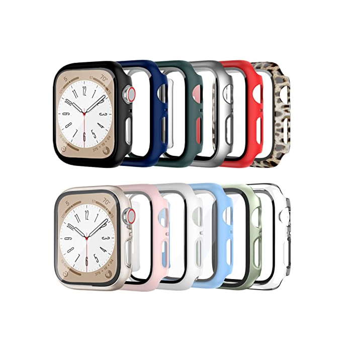 Cuteey 12 Pack Case for Apple Watch Series 8 7 41mm Tempered Glass Screen Protector, All Round Full Hard PC Leopard Pattern Cover Bumper for iWatch 8 7 Accessories