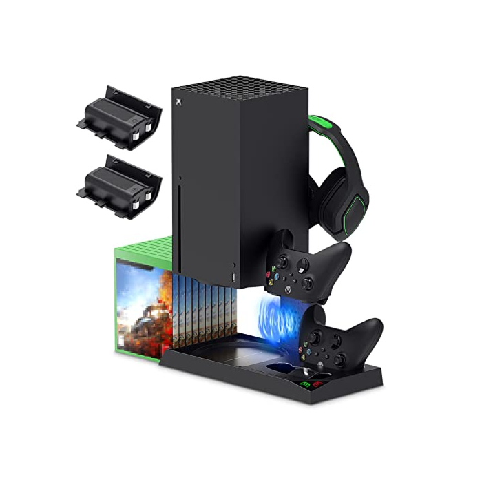 Vertical Cooling Stand Compatible with Xbox Series X with Cooling Fan, Cooling Station Dock with 10 Game Storage Organizer, Controller & Headphone Holder, 2X1400 mAh Rechargeable Battery Packs