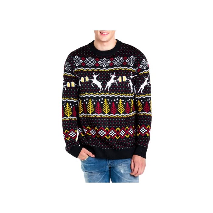 Tipsy Elves Men's Ugly Christmas Sweaters - Funny Christmas Sweaters for Men - Fun Holiday Pullovers - Men's Hilarious Black Deer With Beer Fair Isle Ugly Christmas Sweater Size M