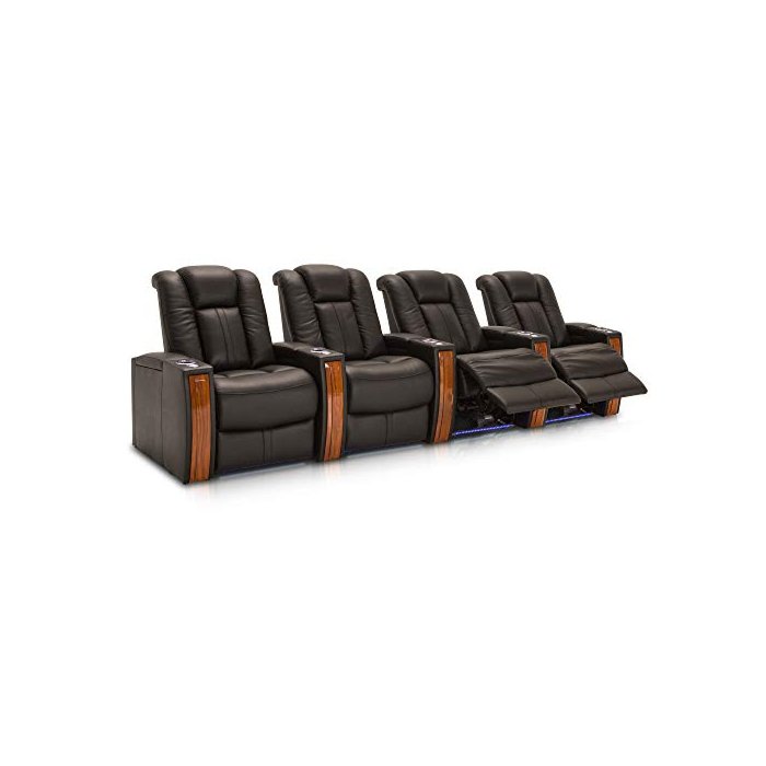 Seatcraft Monaco Home Theater Seating, Living Room, Top Grain Leather, Power Recline, SoundShaker, USB Charging, Ambient Lighting, Wall Hugger (Row of 4, Black)