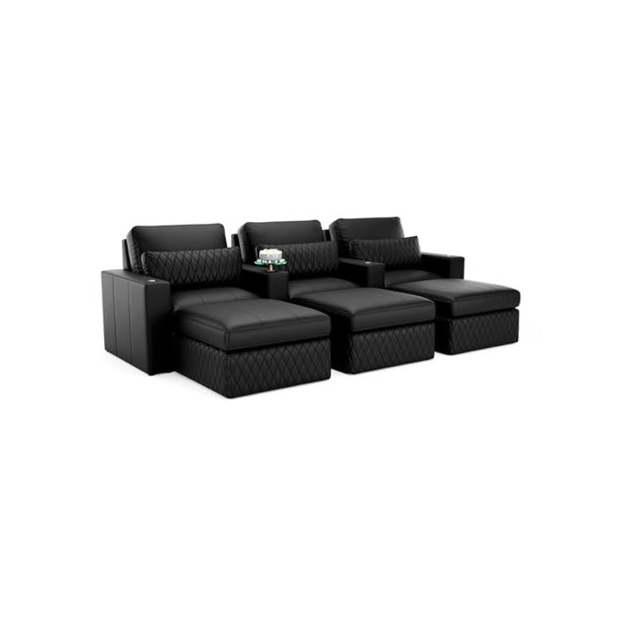 Seatcraft Diamante Stationary Row of 3 Sofa with Ottoman, Grade 7000 Leather, Living Room, Down Feather Lining, Strong Engineered Reinforced Wood Frame, Black