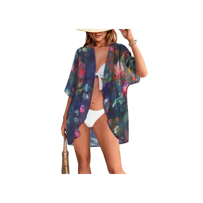 Women's Floral Print Puff Sleeve Kimono Cardigan Loose Cover Up Casual Blouse Tops (Colorful Blue Floral,L)