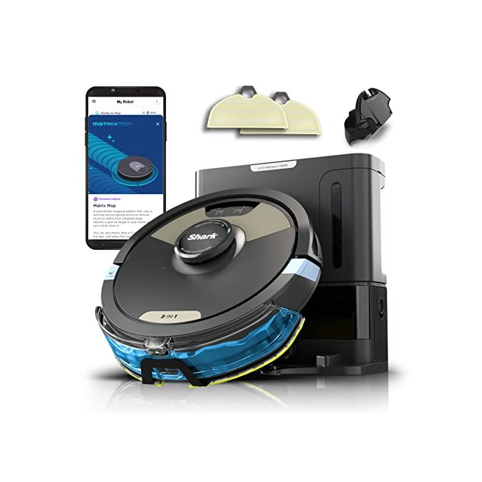 Shark Robot Vacuum & Mop Combo, Powerful Suction, Matrix Plus, 60-Day Debris Capacity, HEPA Bagless Self Empty Base, Sonic Mopping, Home Mapping for Pet Hair, Carpets & Hardfloor, Black/Gold, AV2610WA