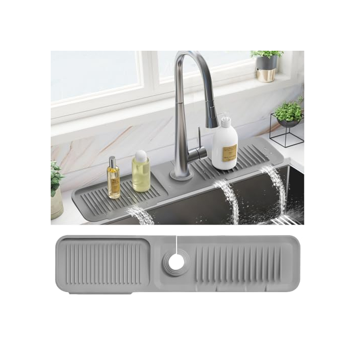 PoYang 24 inch Kitchen Sink Splash Guard, Silicone Draining Mat for Sink, Longer Silicone Faucet Drainer Pad, Sink Protectors for Kitchen Sink Mat, Sponge Holder for Kitchen Sink Accessories, Grey