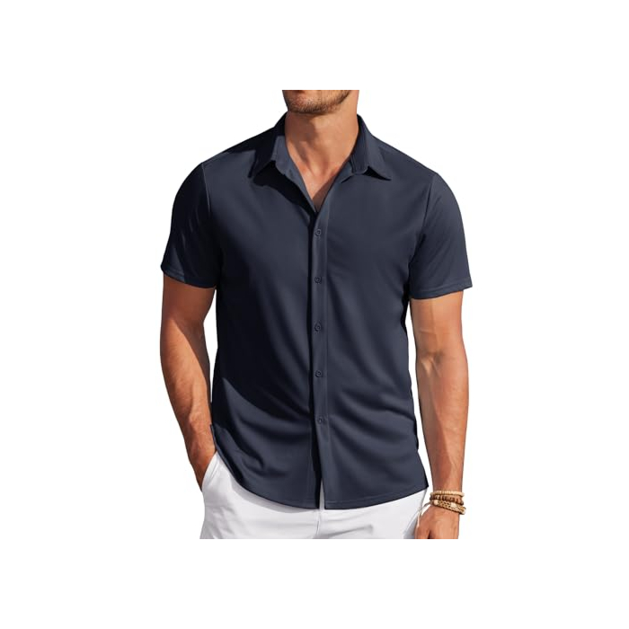 Men's wrinkle-free short sleeve button-down shirt in - perfect for summer style.