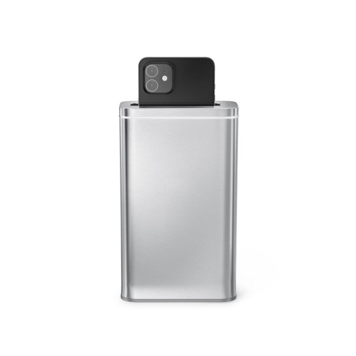 simplehuman Cleanstation phone sanitizer with sleek design, sanitizing phone with UV-C light.