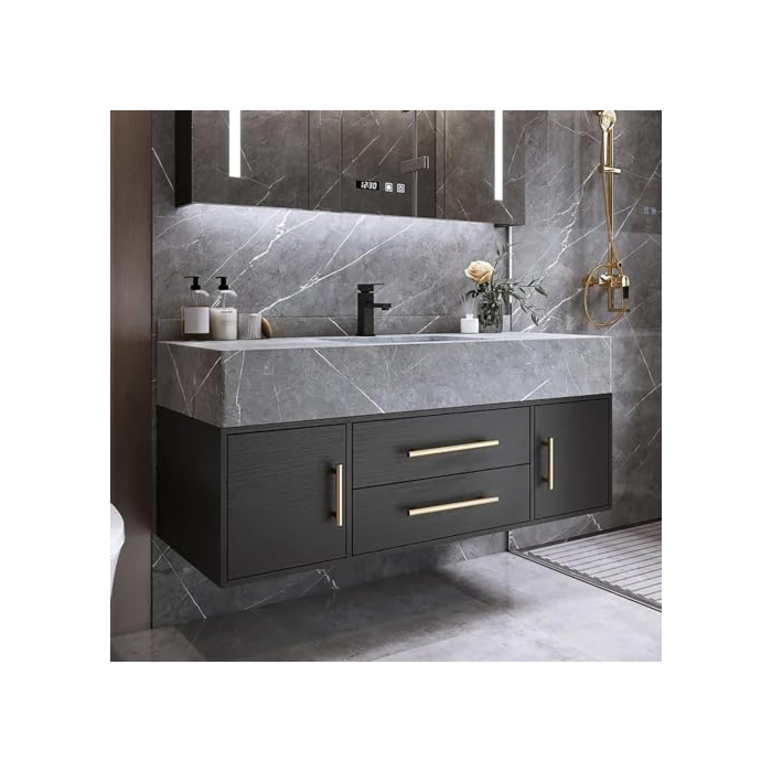 Modern white floating bathroom vanity set with sleek drawers and a spacious stone countertop.