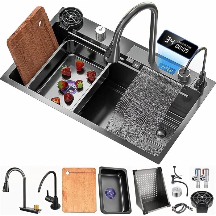 Flying Rain Stainles Steel Waterfall Kitchen Sink w Digital Faucet Black29.5INCH