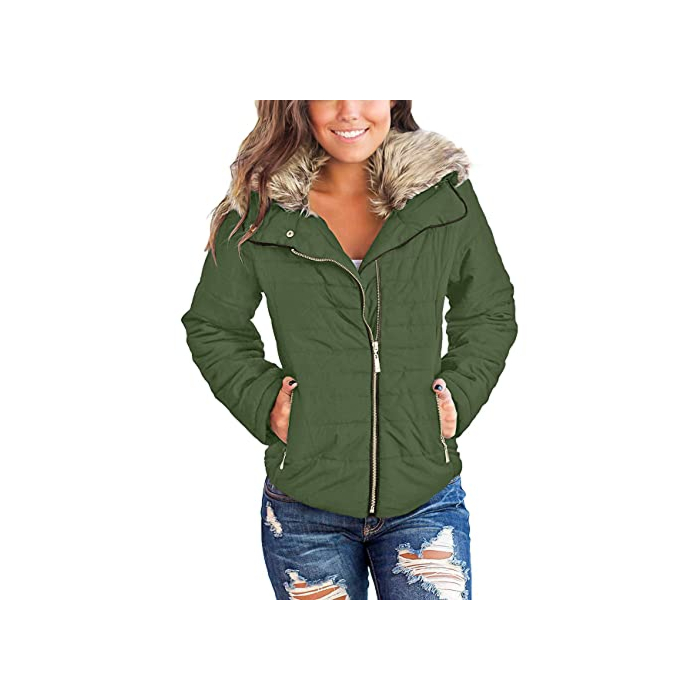 Vetinee Women Casual Faux Fur Lapel Zip Pockets Quilted Parka Jacket Puffer Coat Broute Green Small (Fits US 4-US 6)