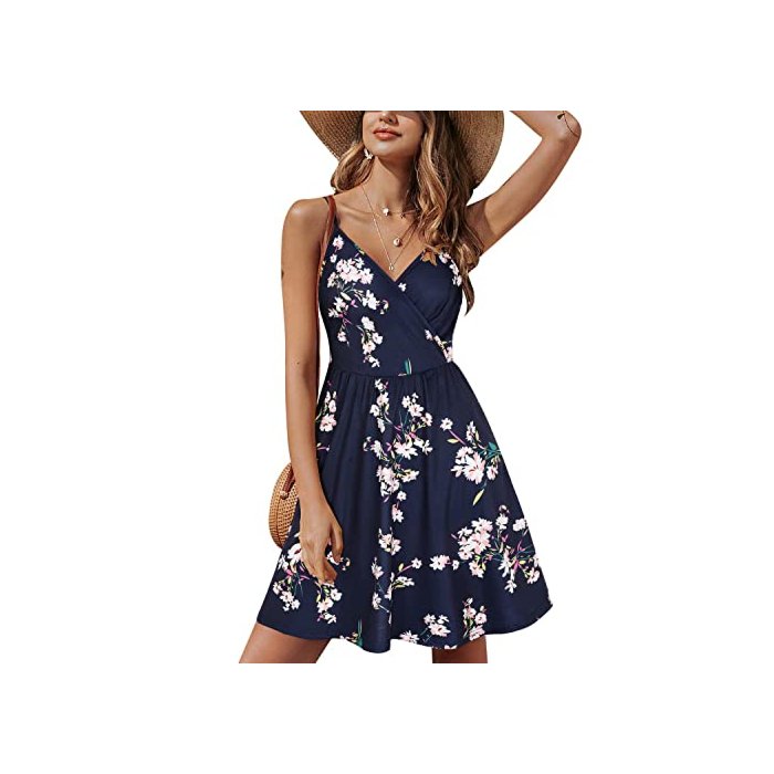 STYLEWORD 2024 Womens Summer Dresses Spring V Neck Sun Spaghetti Strap Petite Sundress Casual Beach with Pocket(Floral01, M)