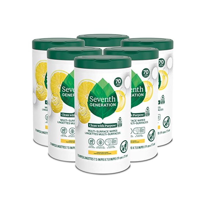 Seventh Generation Multi Surface Wipes All Purpose Cleaning Lemon Zest scent with 100% Essential Oils and Botanical Ingredients 70 count, Pack of 6