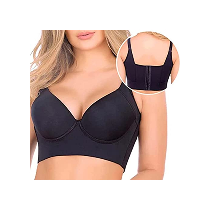 rosyclo Full Back Coverage Bras for Women, Fashion Deep Cup Bra Hide Back Fat Bra with Shapewear Incorporated Push Up Sports Bras (34A, Black)