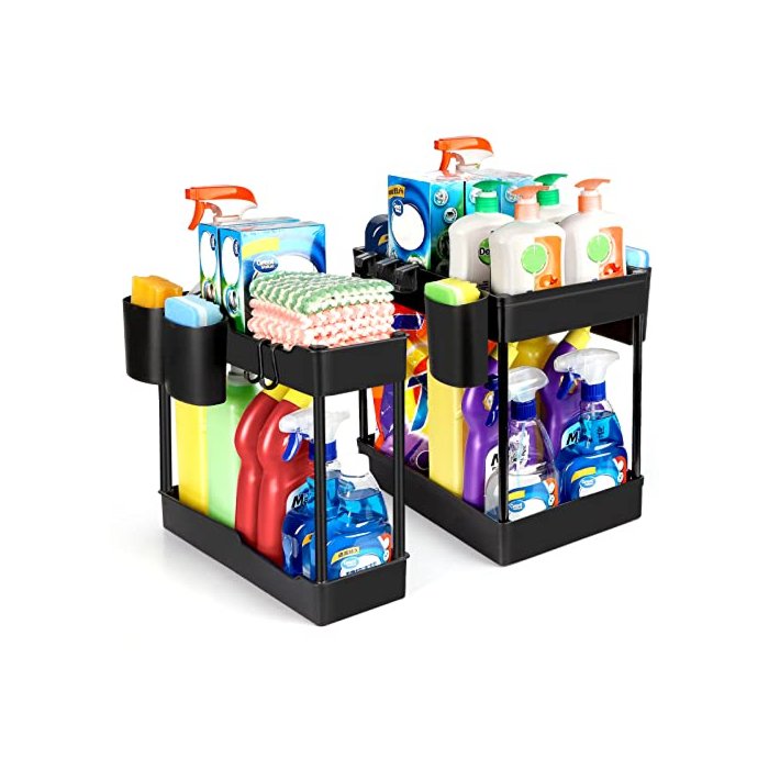 2 Pack Under Sink Organizer- Stackable 2 Size 2 Tier Bathroom Under the Sink Organizers Multi-Usage Kitchen Cabinet Organizers and Storage Sink Bath Shelf Baskets with Hanging 4 Cup and 5 Hooks, Black