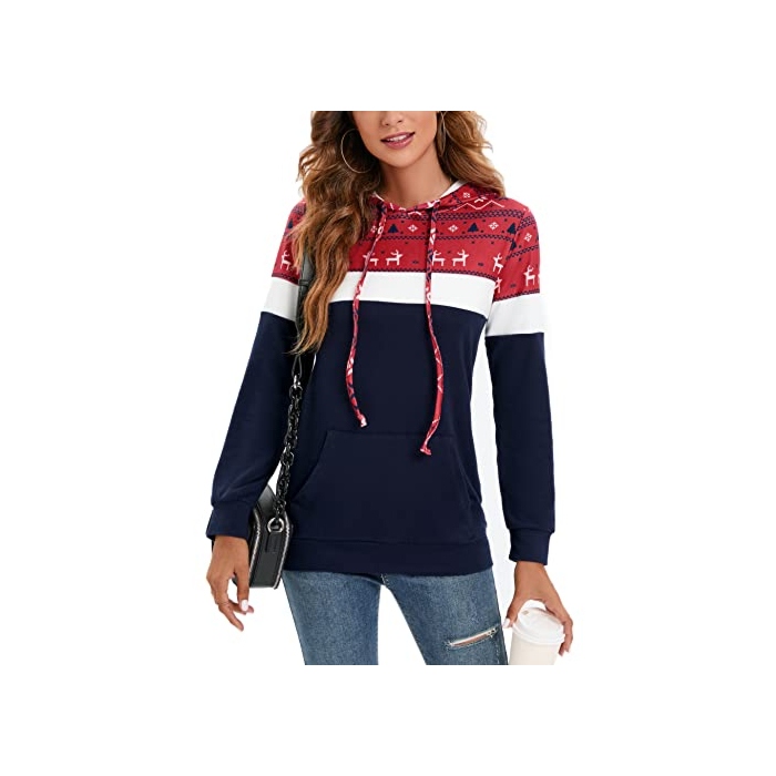 Bluetime Women Pullover Hoodies Lightweight Long Sleeve Color Block Sweatshirts Casual Comfy Fall Tops Tunics (M, Deer Pattern Navy Blue)